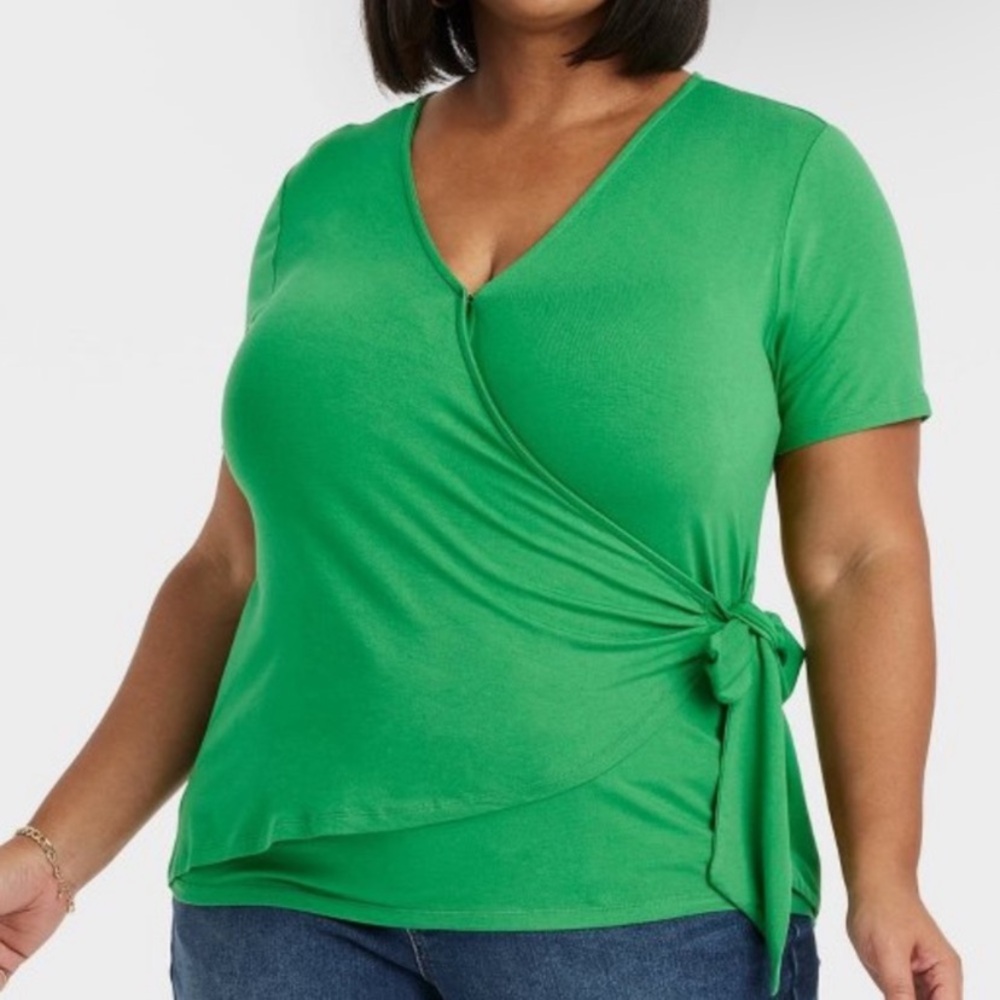 Ava & Viv Women’s Side Tie Green Wrap Short Sleeve Surplice Top 4X